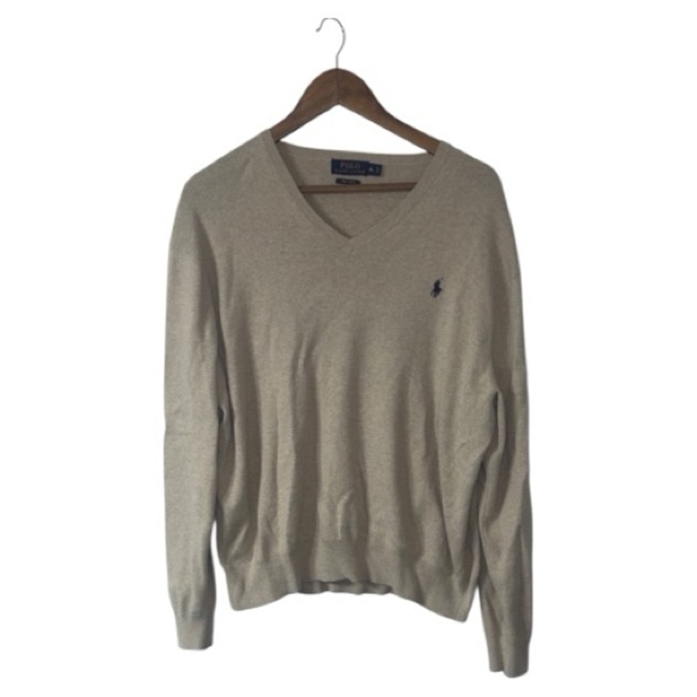 Polo Ralph Lauren Men’s V-Neck Sweater 100% Pima Cotton Tan Beige Navy Size XL